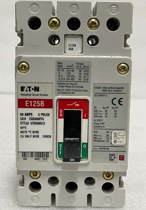 Eaton E125B EGB3060FFG 60A 3 Pole Amp E 125 B Circuit Breaker Industrial Poles - photo 1 of 7